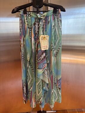 Aratta Multi-Color Geometric Ruffle Skirt in Teal, Blue & Pink